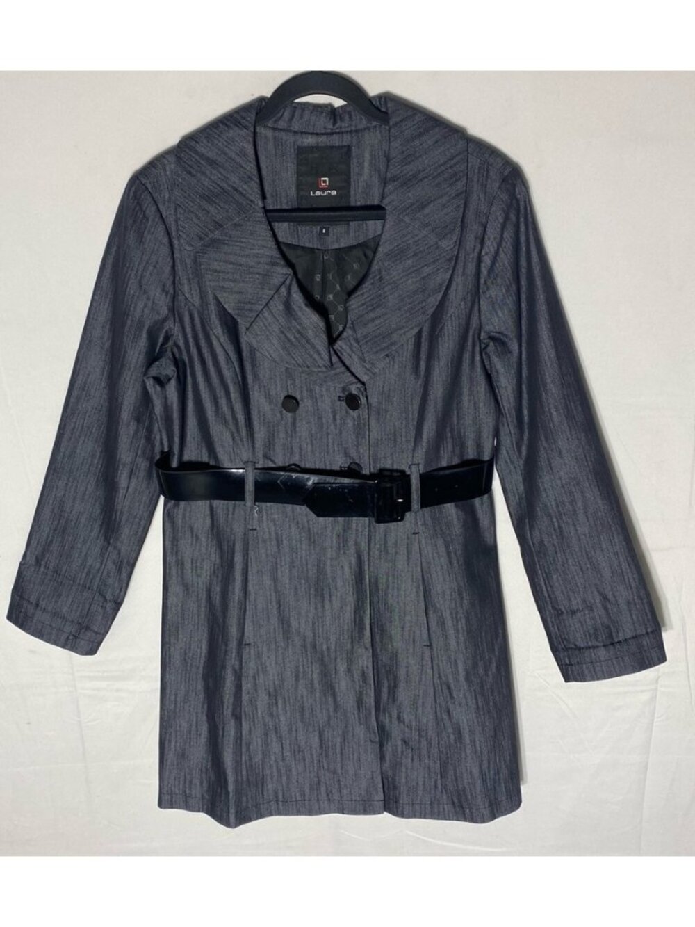 Laura Shiny Dark Blue Denim Pea Coat W Patent Leather Belt 8